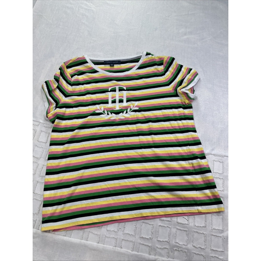 Tommy Hilfiger Womens XL‎ Striped T-Shirt Multi Color Embroidered Crest Logo Tee